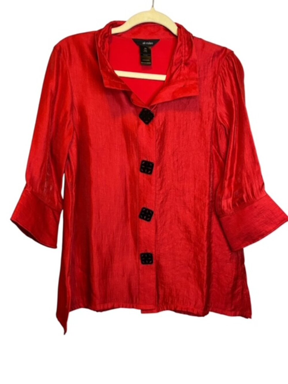 Ali Miles Blouse Women's Medium Petite Artsy Abstract Shiny‎ Office Red